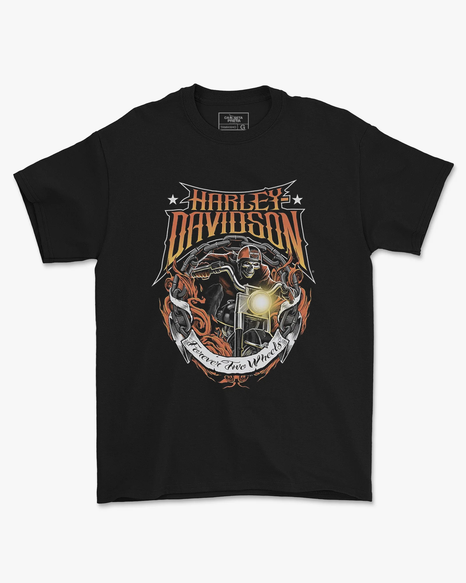 Camiseta Caveira Moto Forever Two Wheels Preta Estampada
