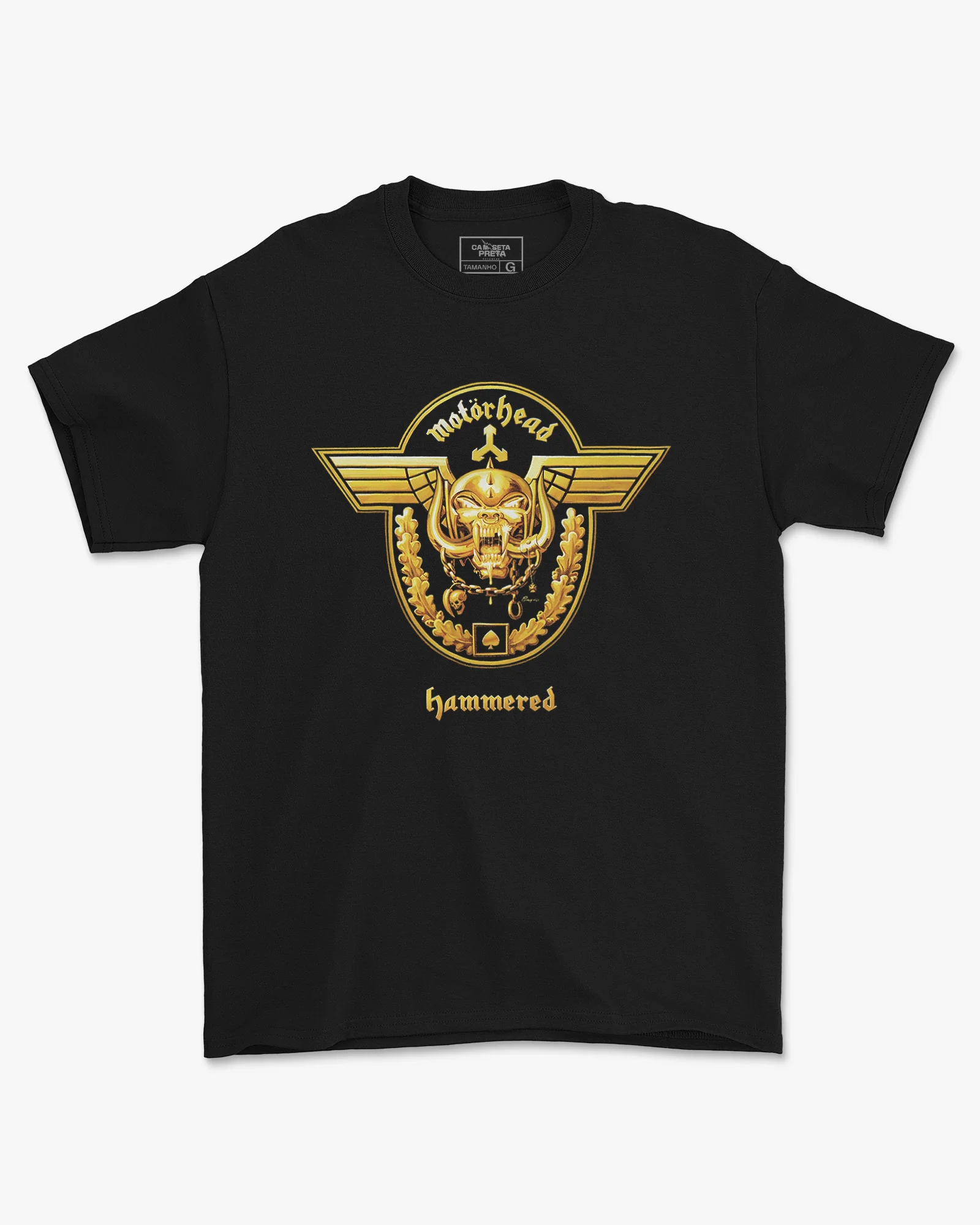 Camiseta Motörhead Hammered Dourado Preta Estampada