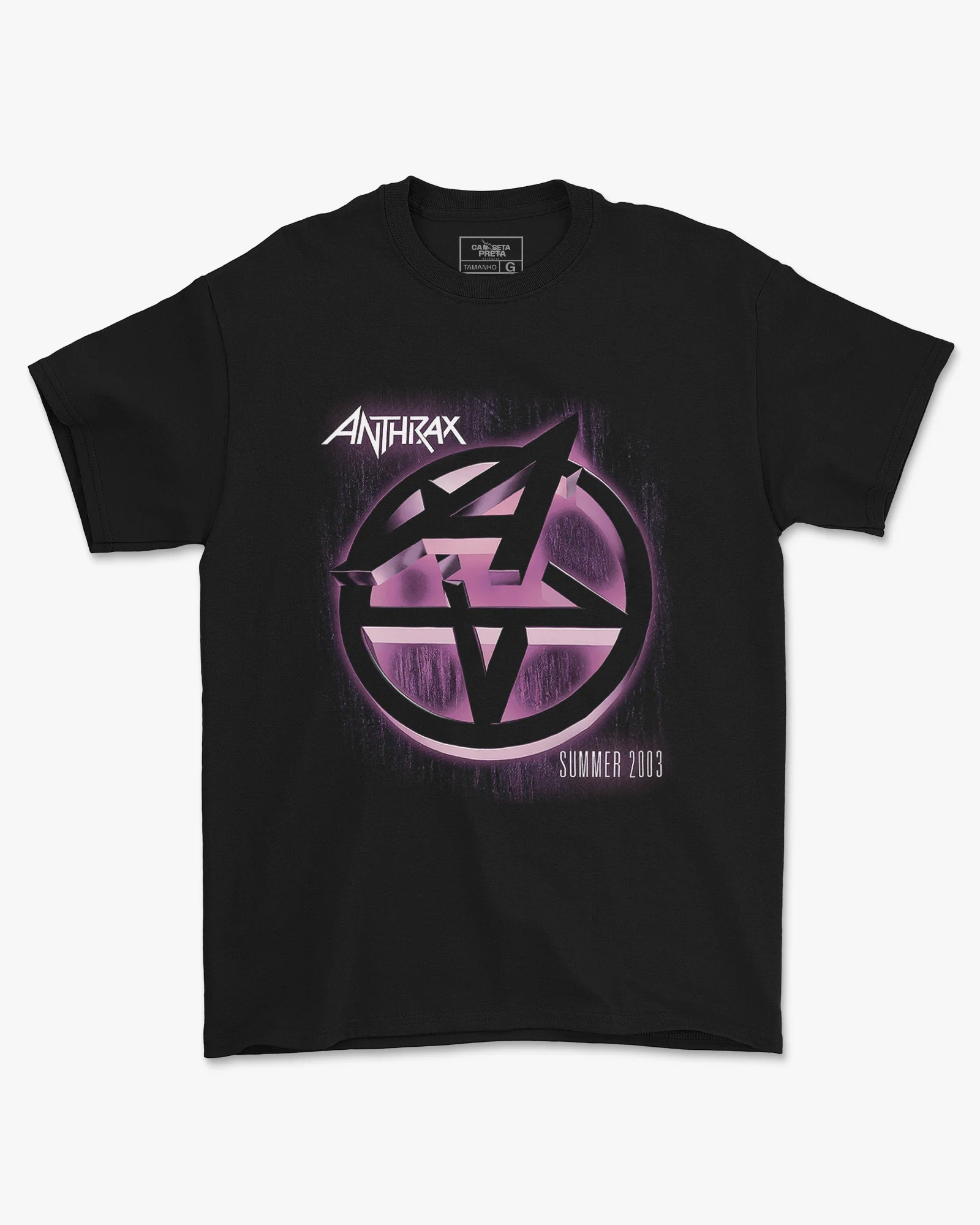 Camiseta Preta Anthrax Logo Roxa Summer 2003 Unissex