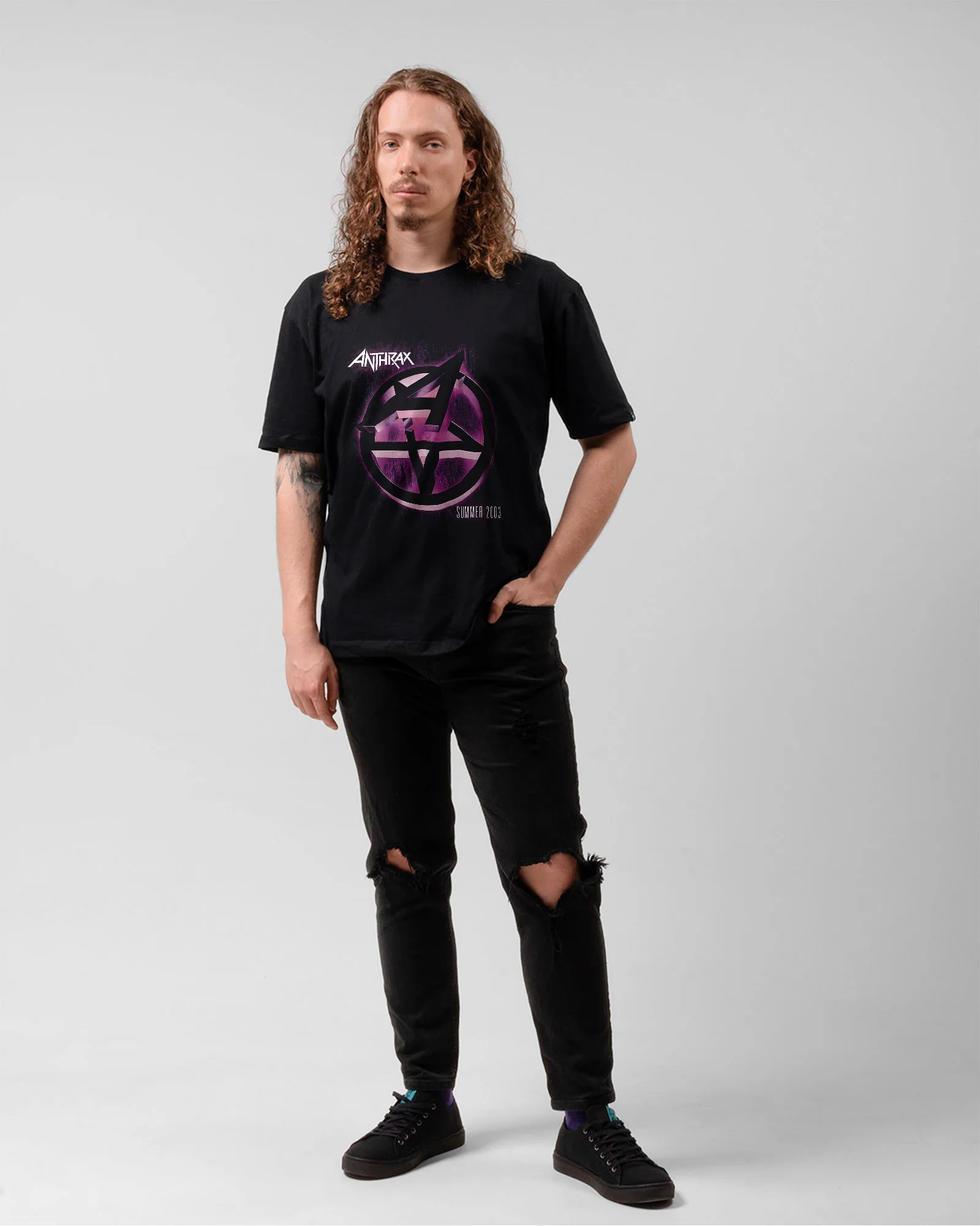 Camiseta Preta Anthrax Logo Roxa Summer 2003 Unissex - Image 5