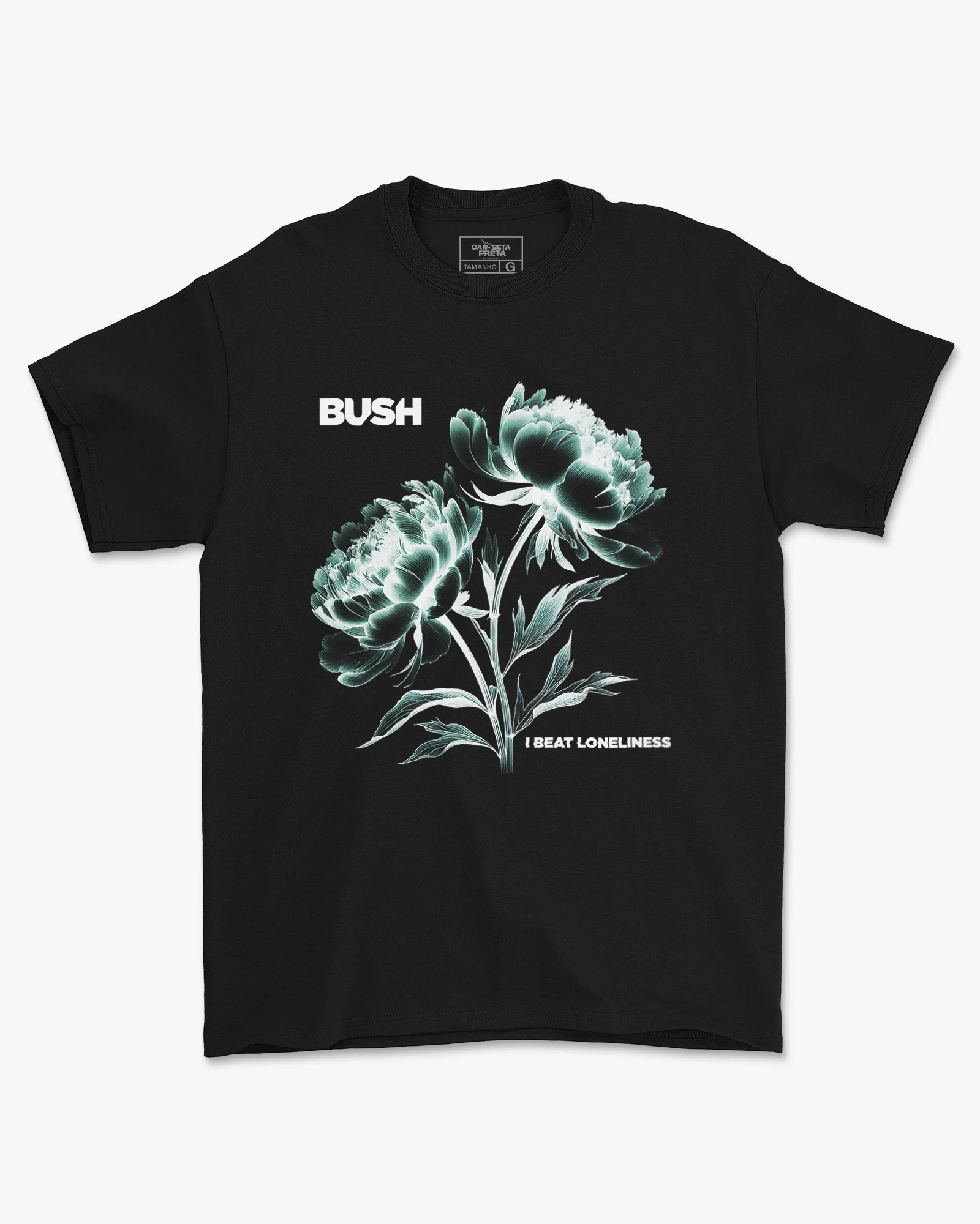 Camiseta Preta Bush Banda Flores Estilo Rock