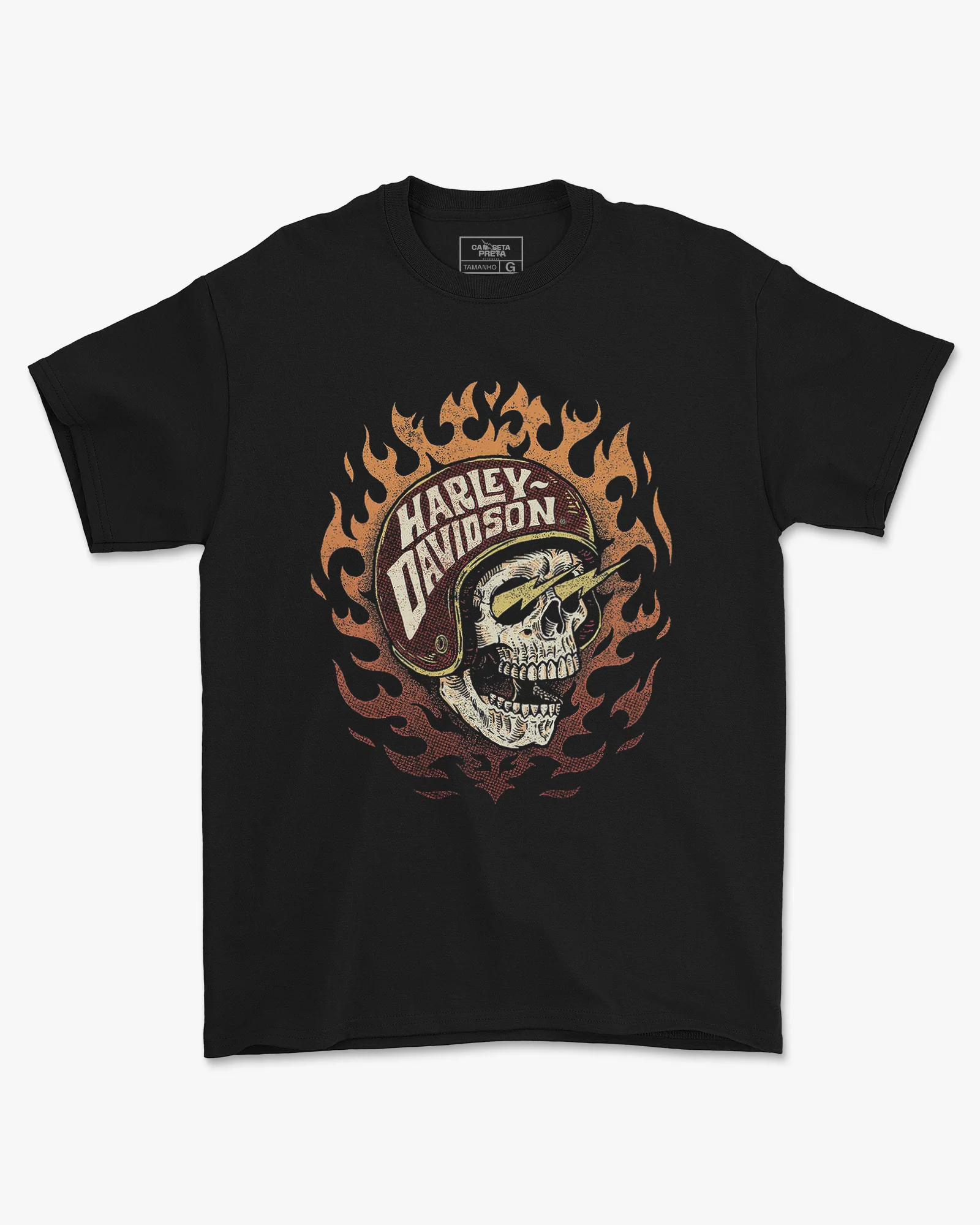 Camiseta Preta Caveira em Chamas Capacete Moto Estilo Biker
