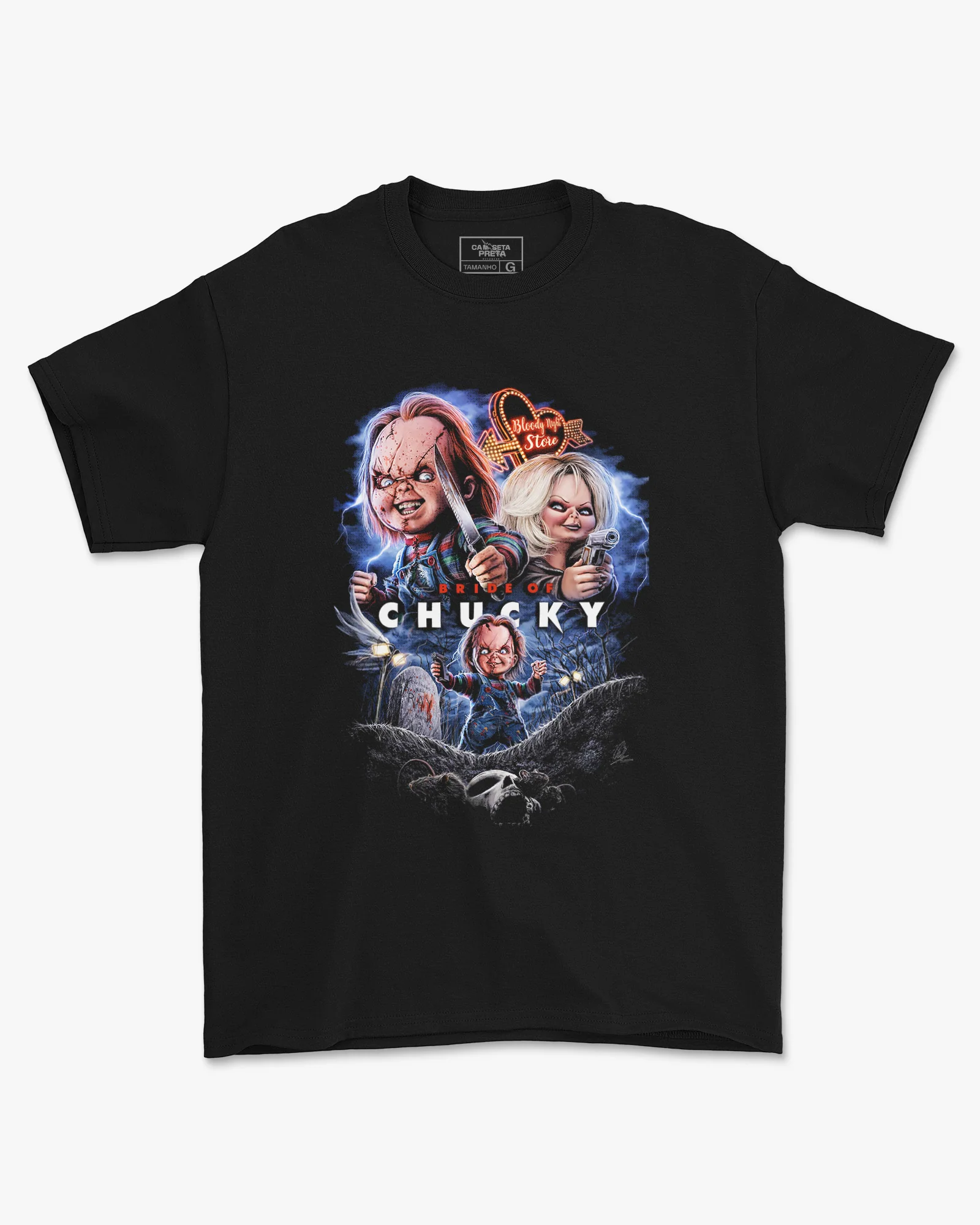 Camiseta Preta Chucky & Tiffany Cemetery Love Unissex