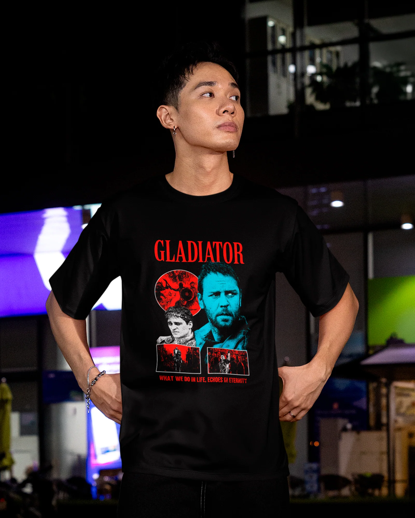 Camiseta Preta Gladiator What We Do In Life Echoes In Eternity Unissex - Image 3