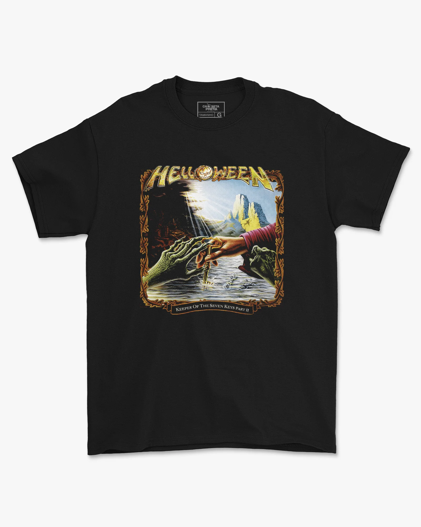 Camiseta Preta Helloween Mão Chave Keeper of the Seven Keys