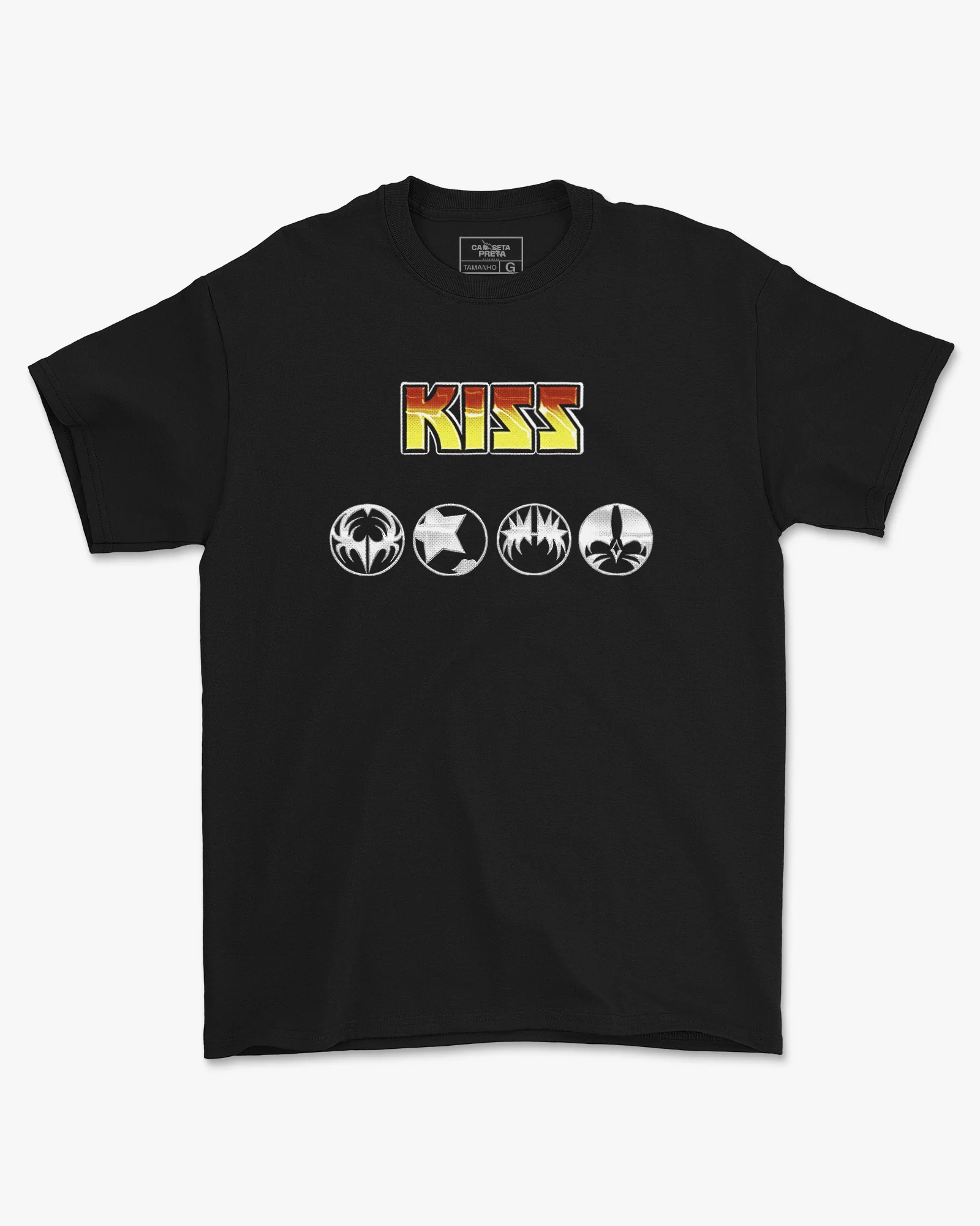 Camiseta Preta KISS Degradê Colorido Símbolos Unissex