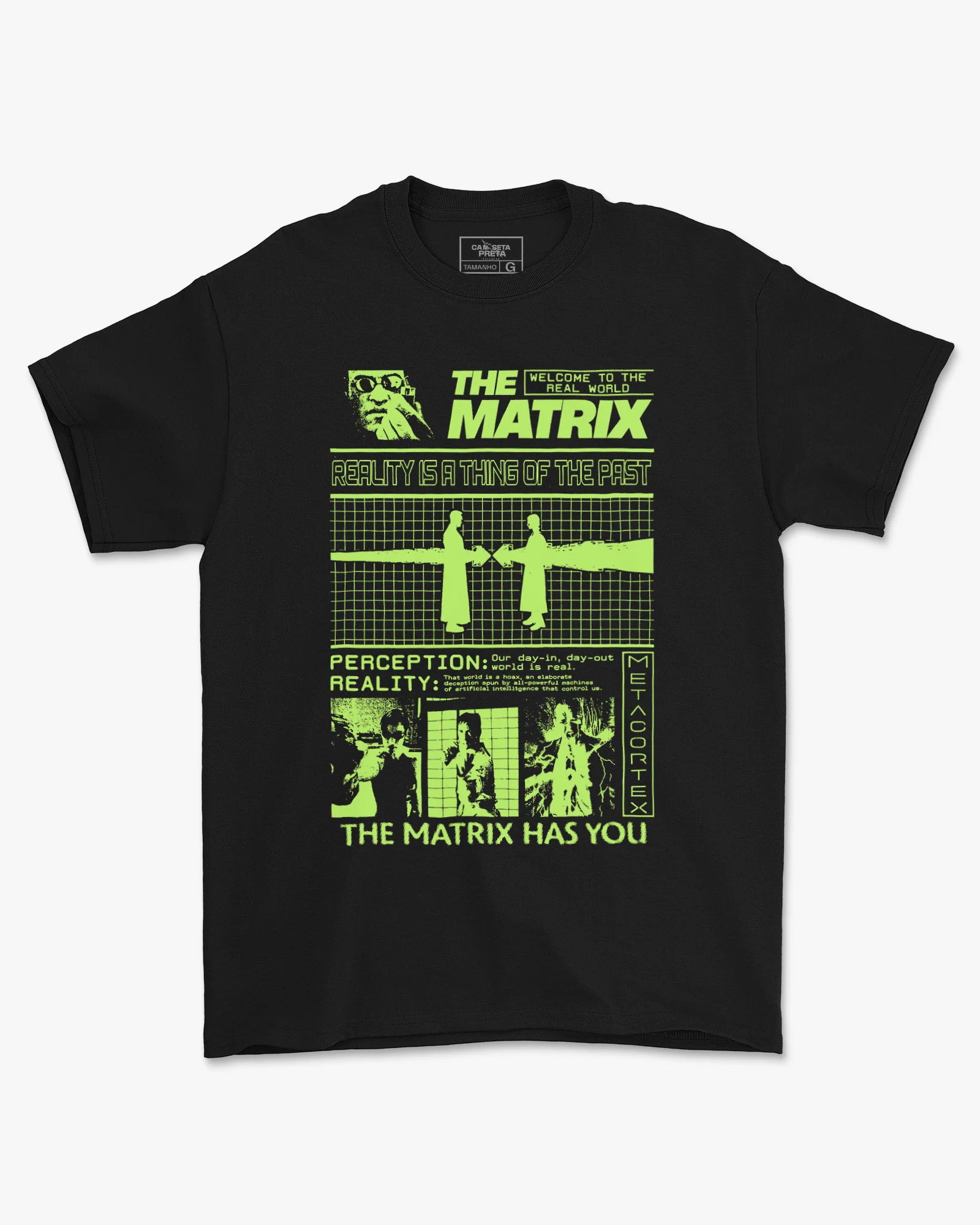 Camiseta Preta Matrix Estampa Inspirada no Clássico de 1999 Unissex