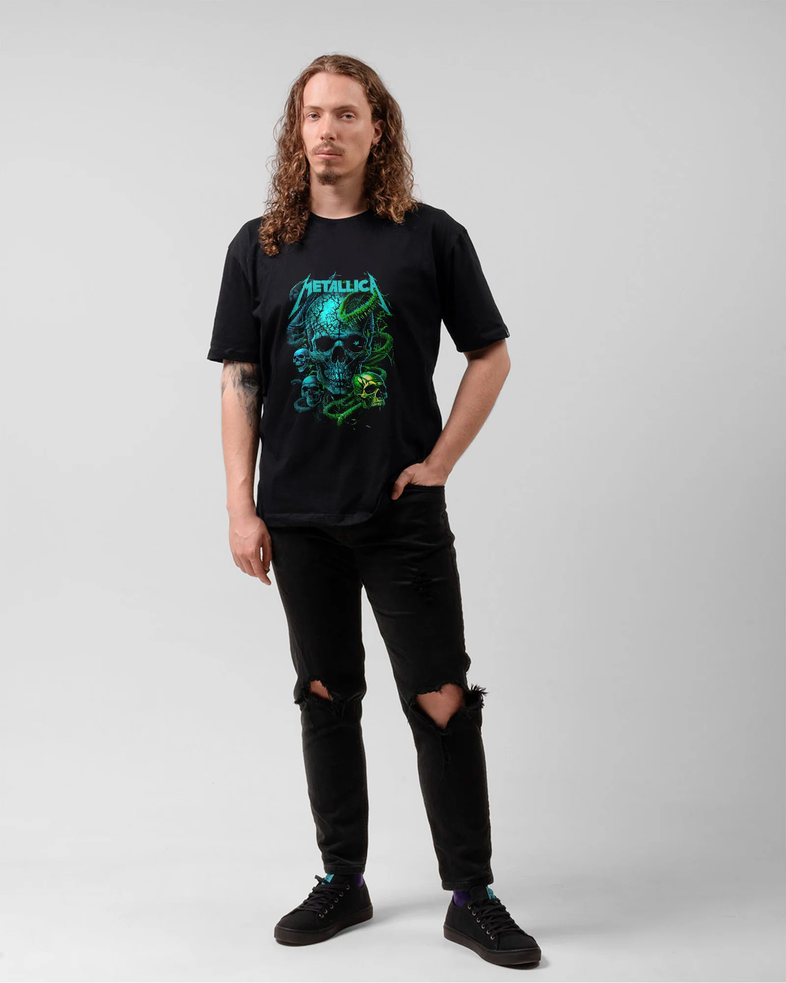 Camiseta Preta Metallica Skull Blue Green - Image 5