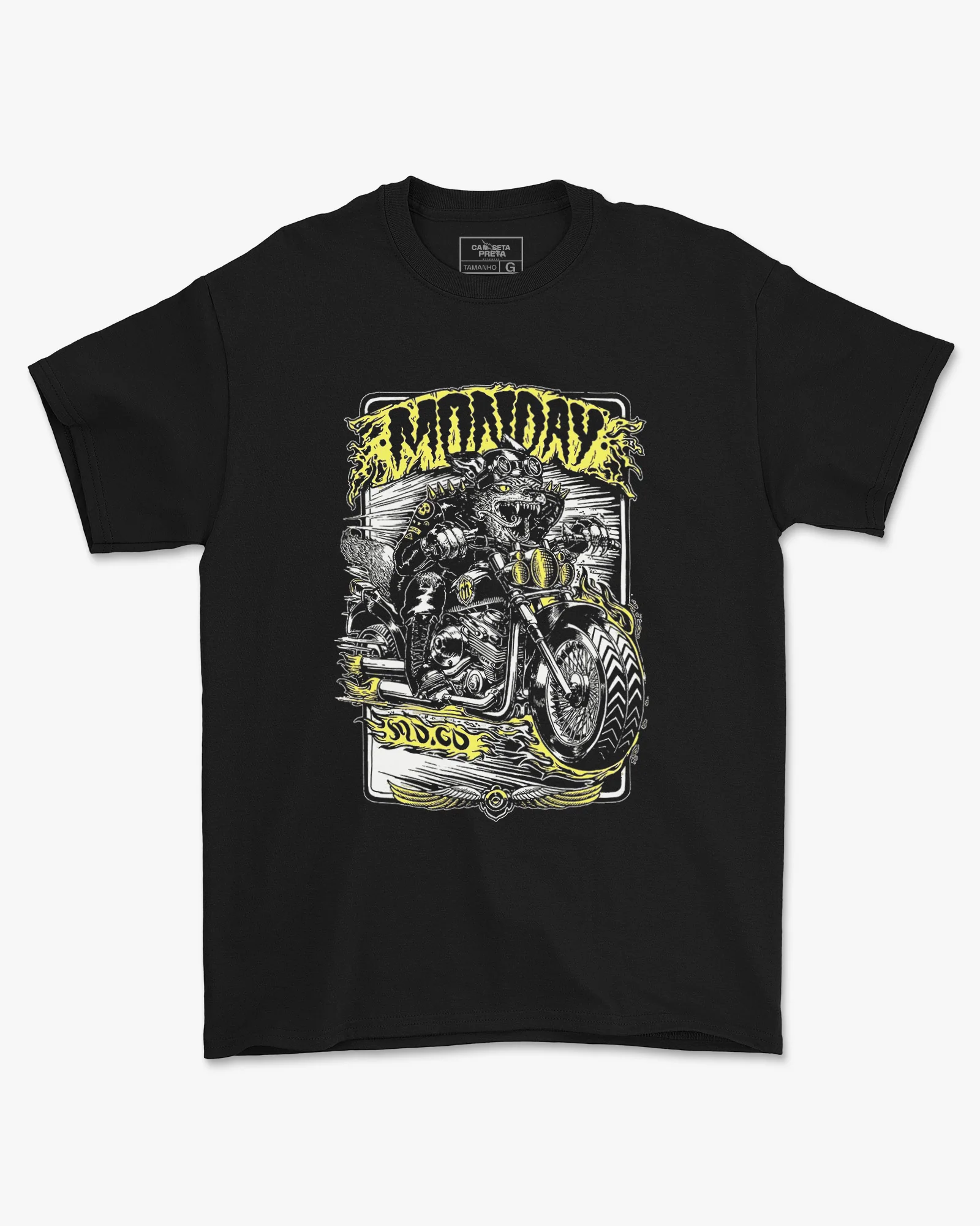 Camiseta Preta Monday Gato Motocicleta Unissex