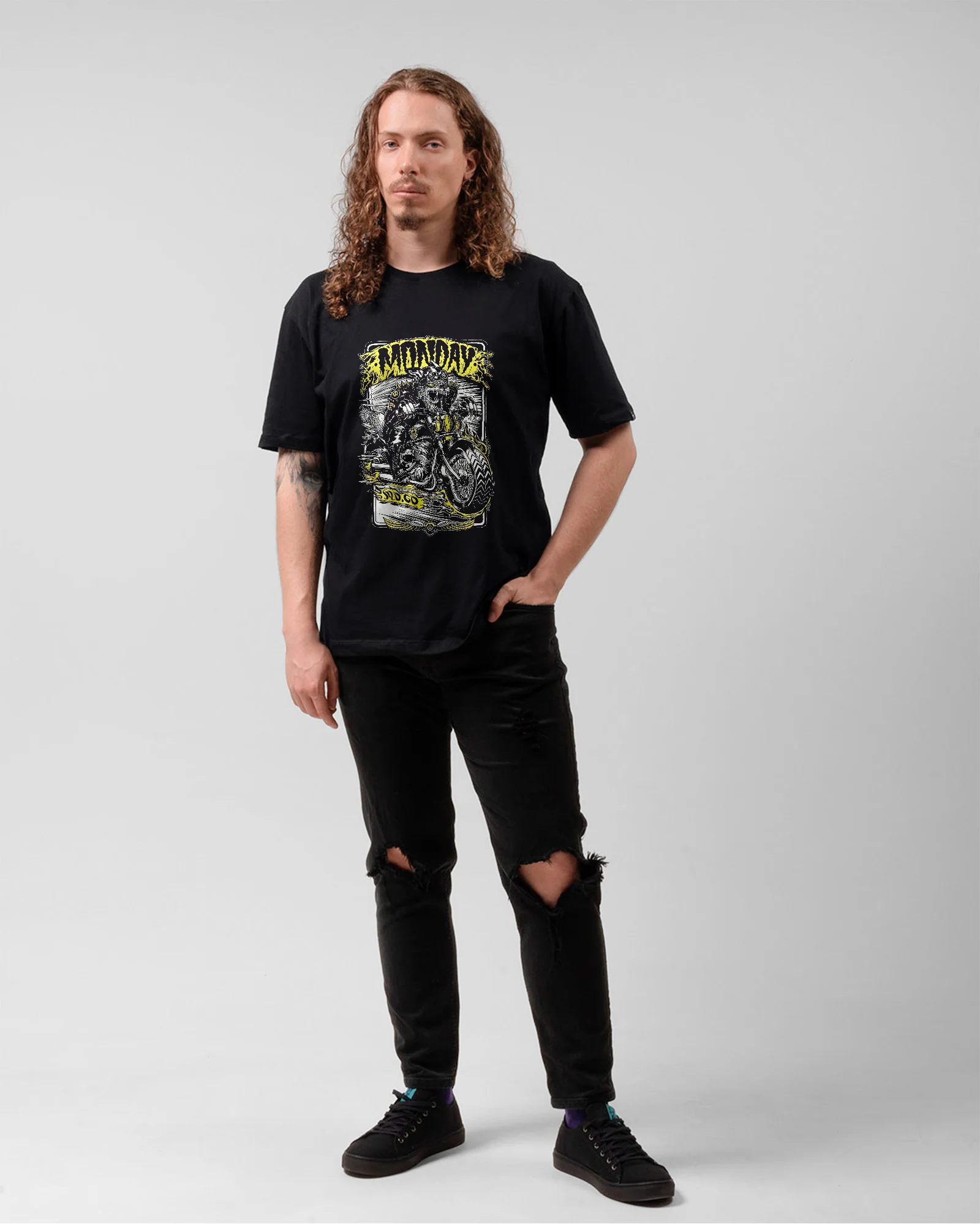Camiseta Preta Monday Gato Motocicleta Unissex - Image 5