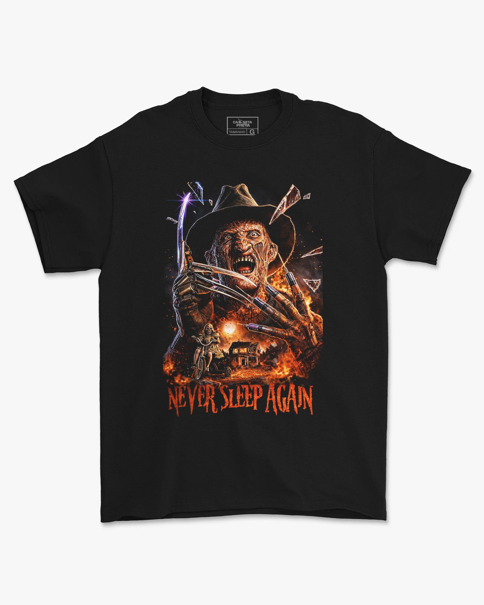 Camiseta Preta Never Sleep Again Nightmare Horror Unissex