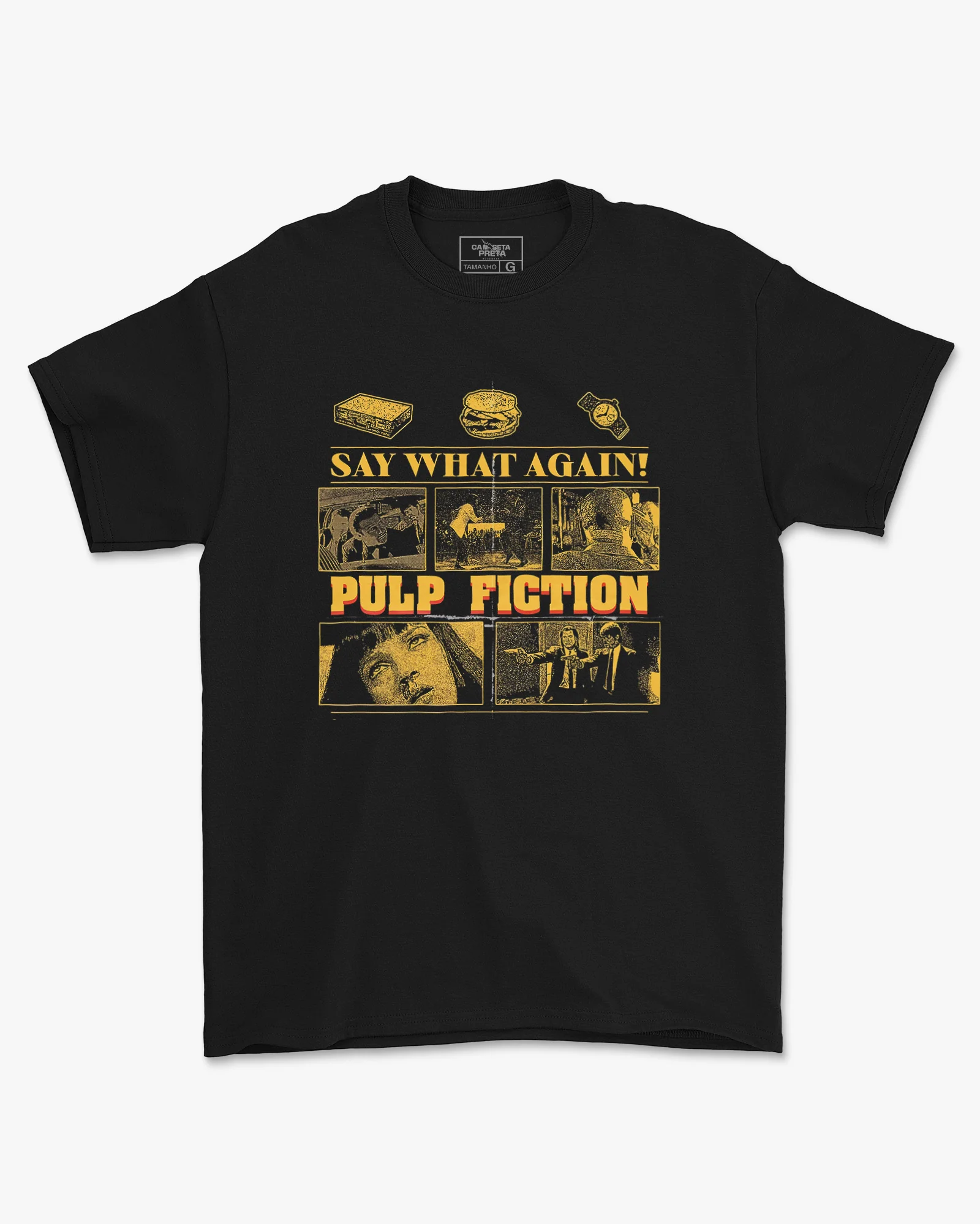 Camiseta Preta Pulp Fiction Say What Again Unissex